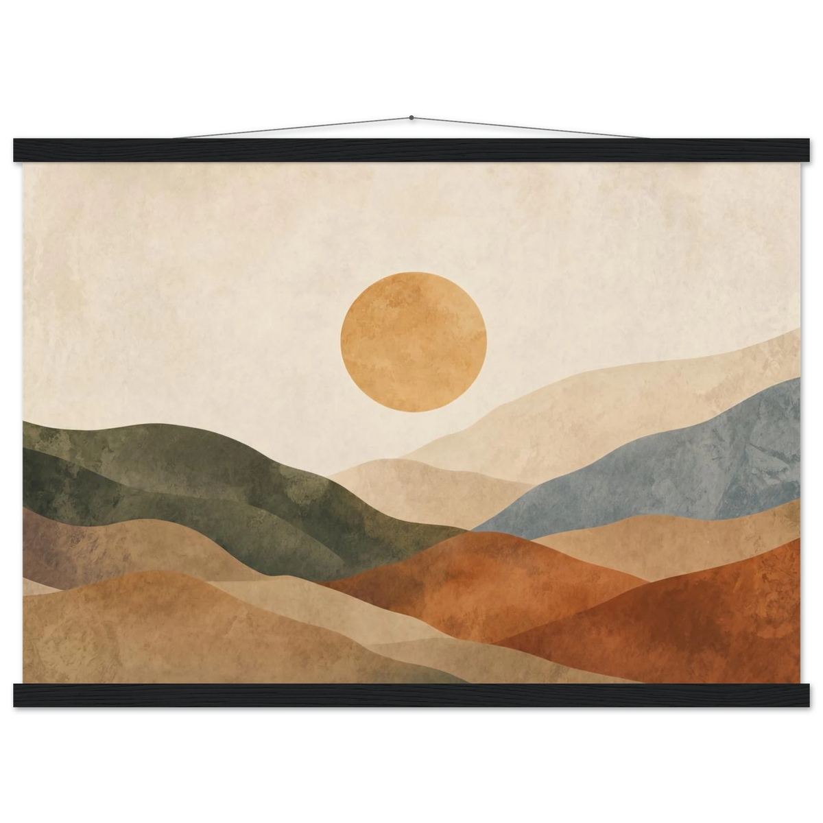 Kindled Earth: sun, hills and ochre palette. Fine art poster with wooden hanger by The Light Stays.