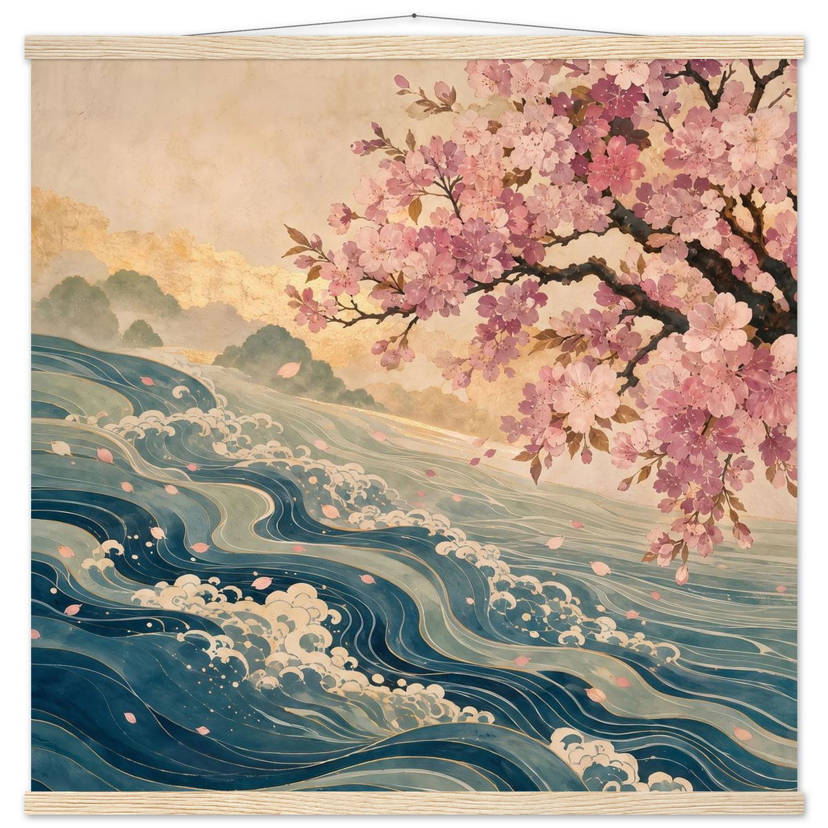 Blossom Tide: japanese art, cherry blossom and wave. Fine art poster with wooden hanger by The Light Stays.