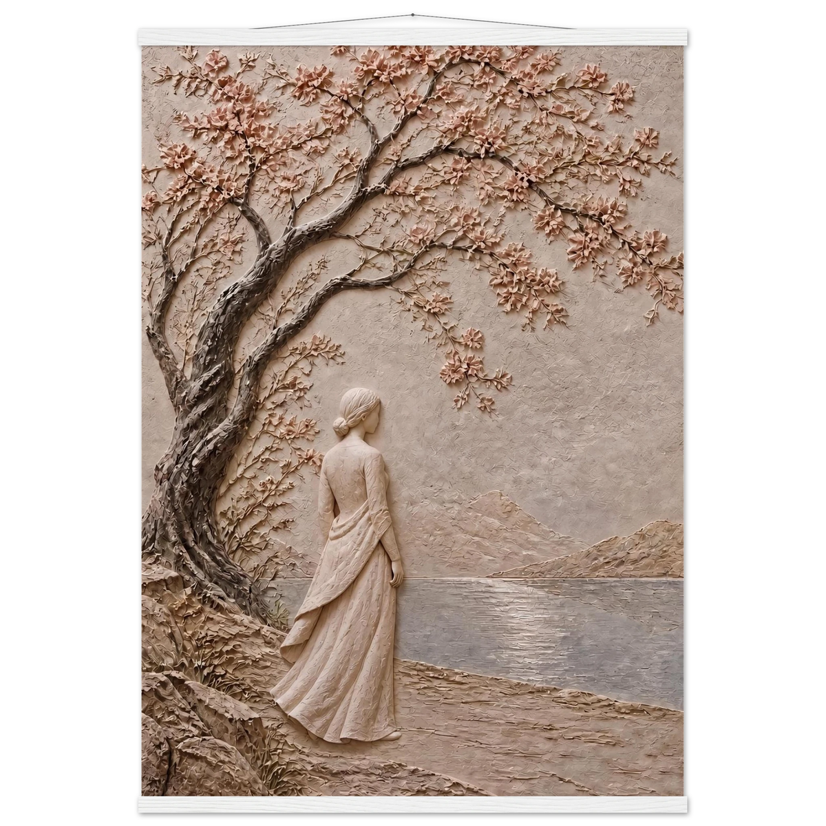 Spring Walk: impasto, lake and blossoming tree. Museum-quality fine art poster.