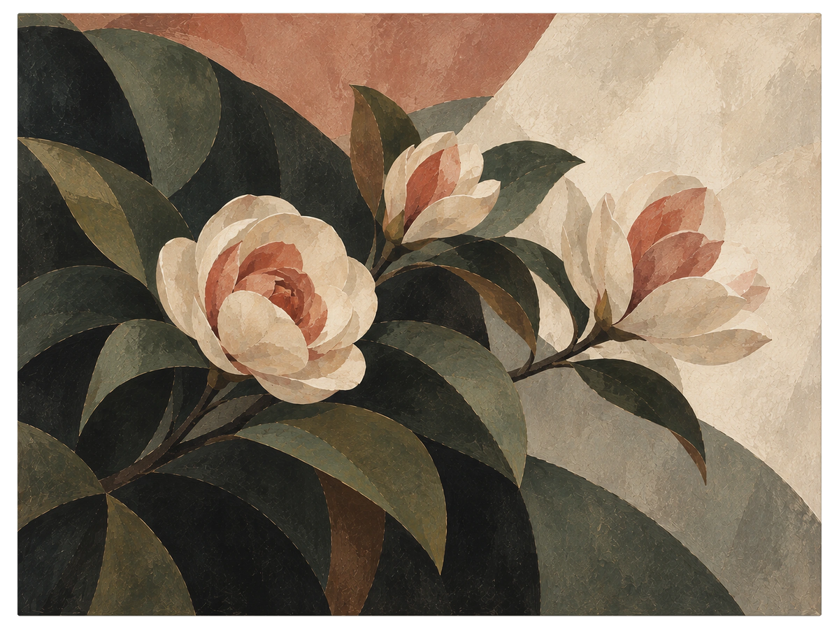 Cream and rose camellias crowded among heavy dark green faceted leaves, pale rose sky behind, shown as the object on gallery canvas, no frame