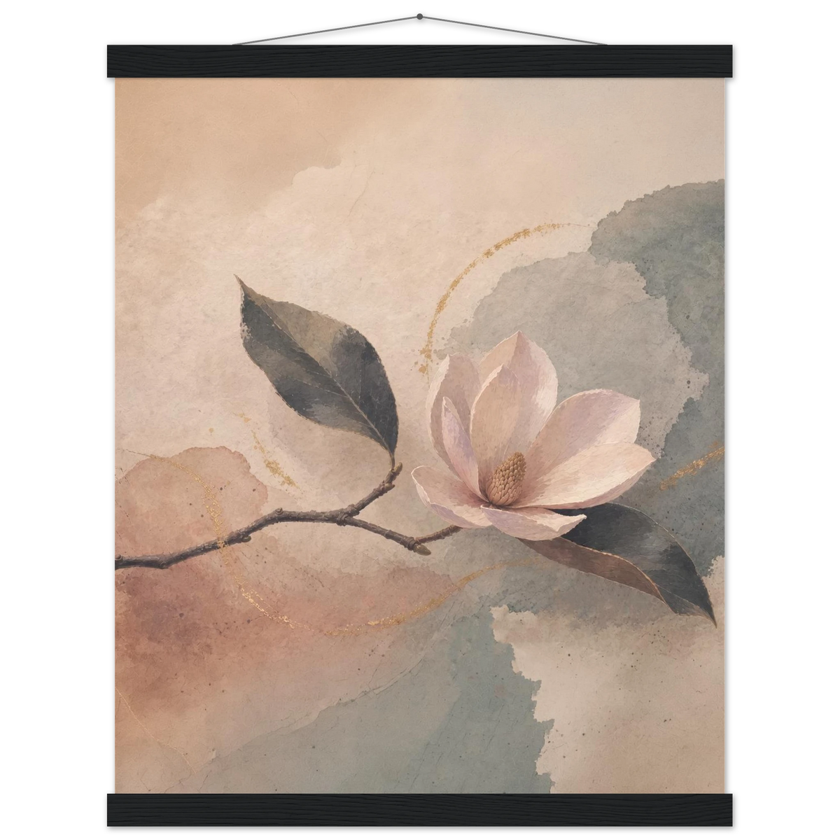 Magnolia Reverie: botanical, sage and japandi. Fine art poster with wooden hanger by The Light Stays.