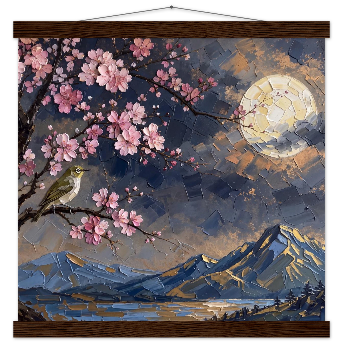 Blossom Moon: cherry blossom, japanese landscape and night. Fine art poster with wooden hanger by The Light Stays.
