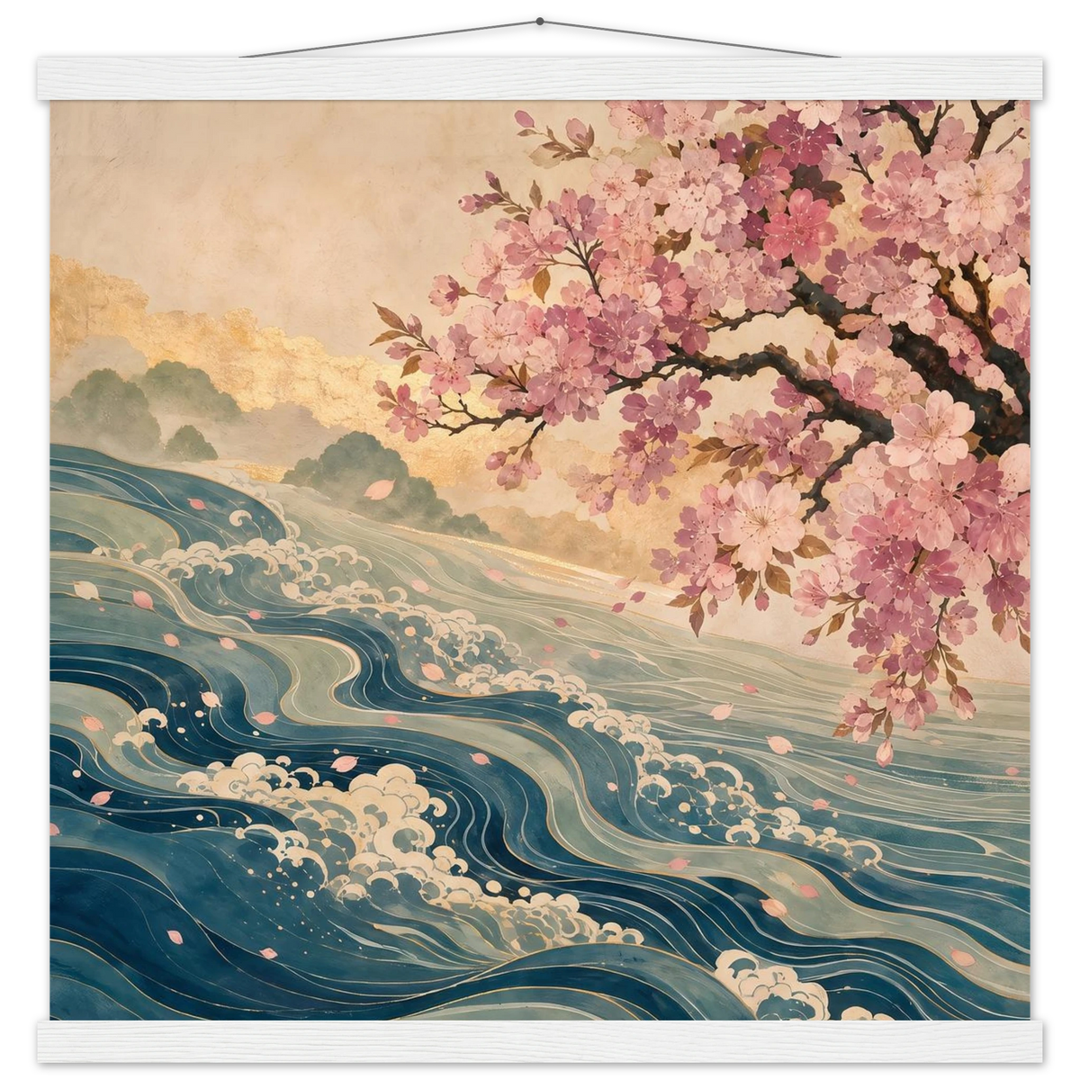 Blossom Tide: japanese art, cherry blossom and wave. Fine art poster with wooden hanger by The Light Stays.
