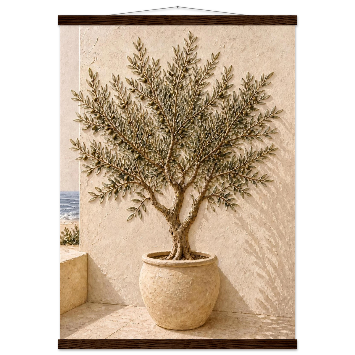 Olive Terrace, landscape and sun. Archival fine art poster shown framed.