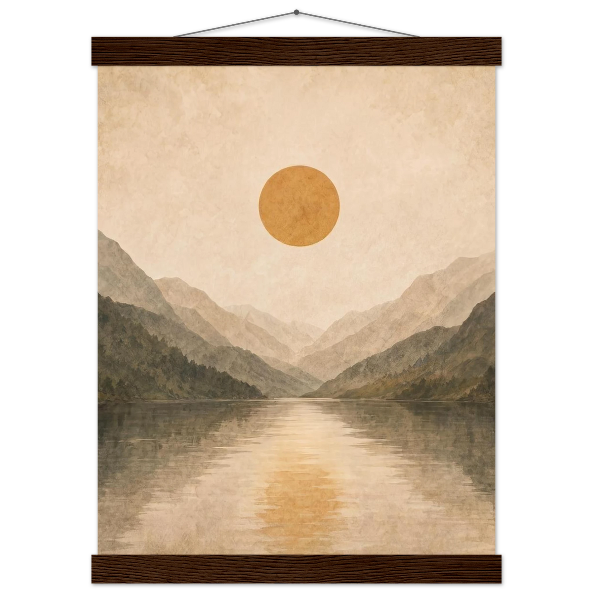 Lake Mirror: mountains, sunset and sun reflection. Fine art poster with wooden hanger by The Light Stays.