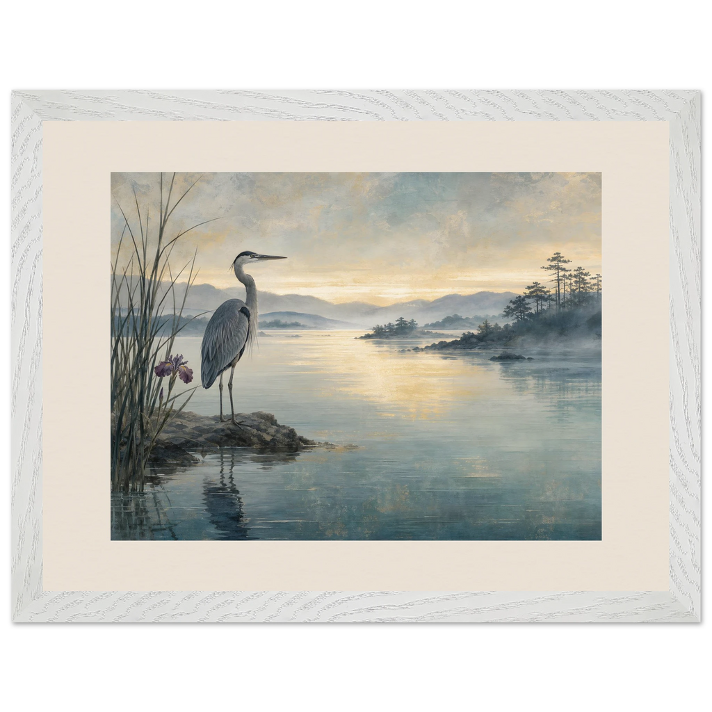 Heron at Dawn, japanese art and japandi. Archival framed fine art print shown framed.