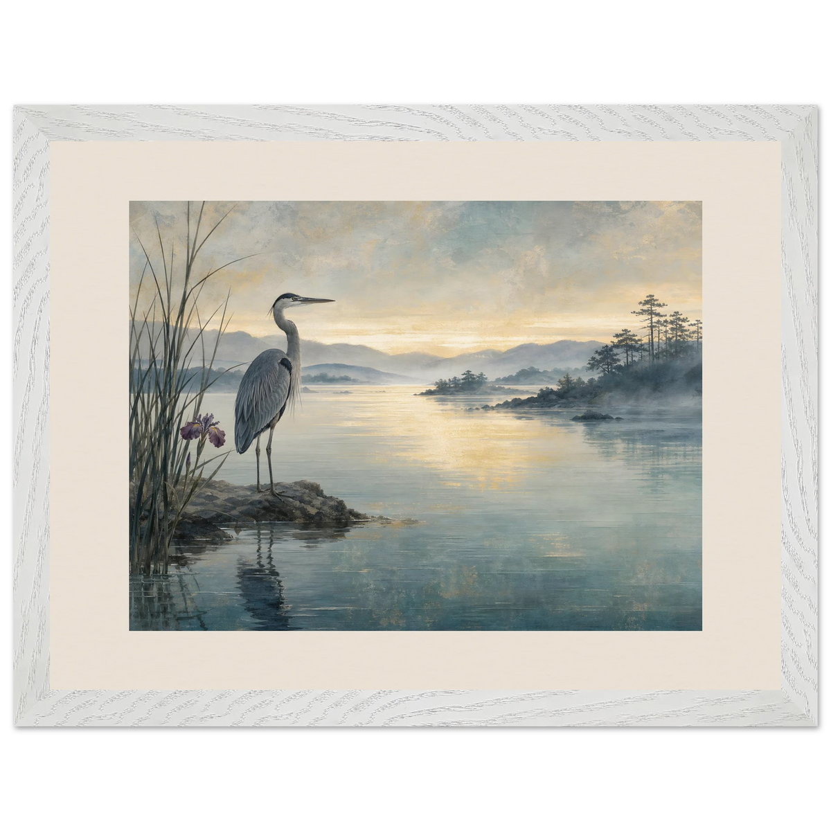 Heron at Dawn, japanese art and japandi. Archival framed fine art print shown framed.