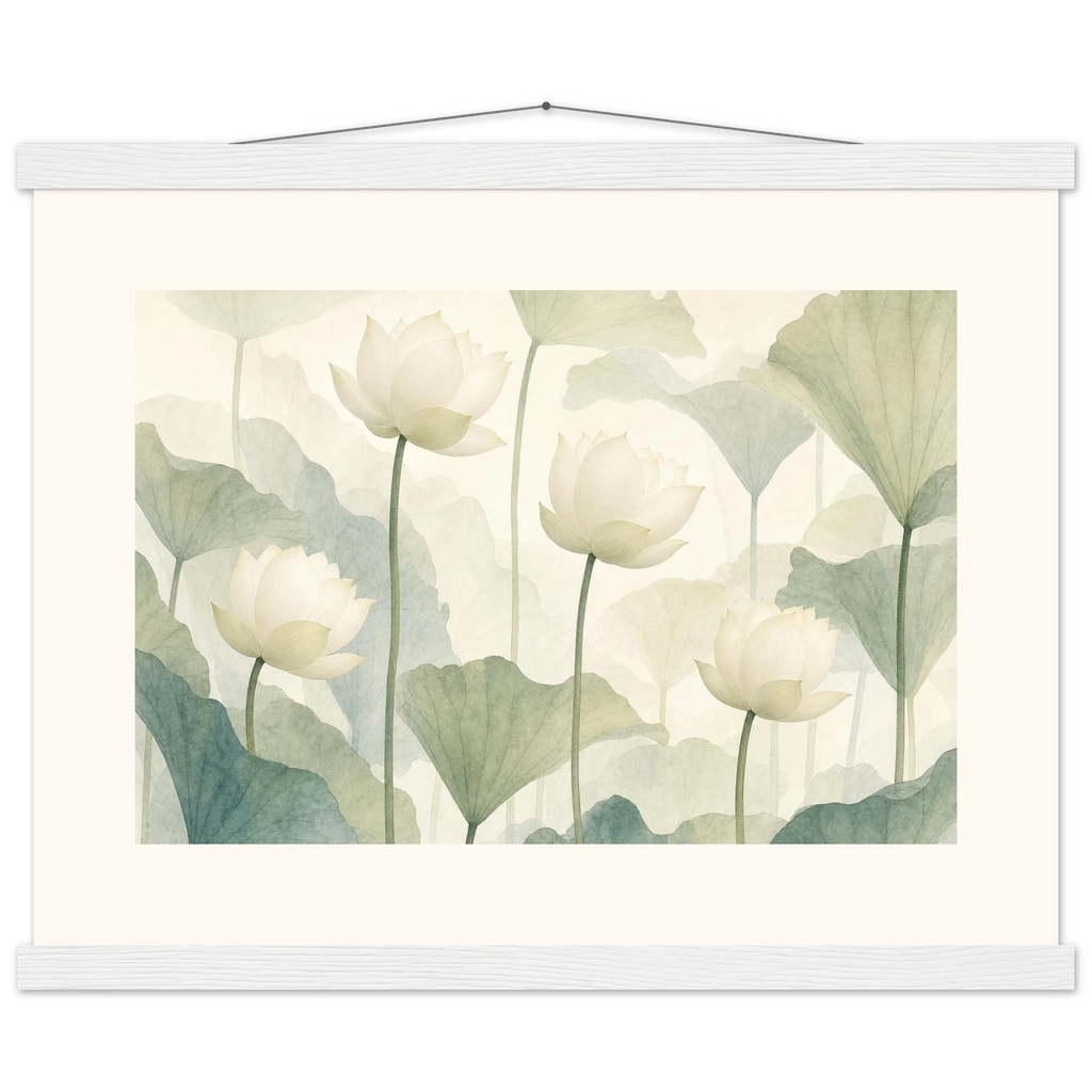 Ivory Lotus Screen: flowers and botanical. Fine art poster, alternate frame and size.