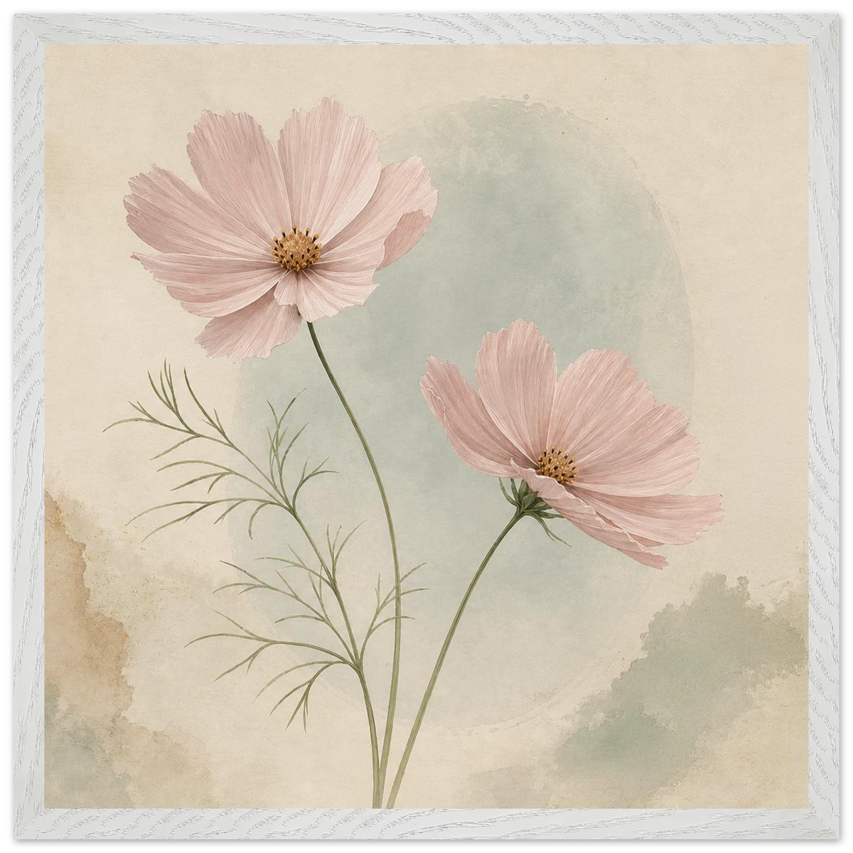 Cosmos Unison: flowers, blush and celadon. Framed fine art print by The Light Stays.