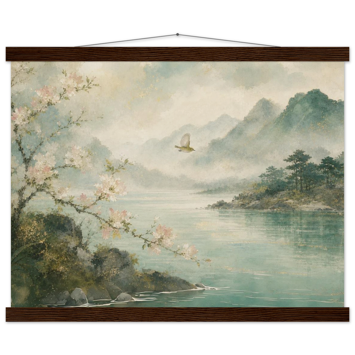 Celadon Flight: birds, japanese landscape and japandi. Fine art poster with wooden hanger by The Light Stays.