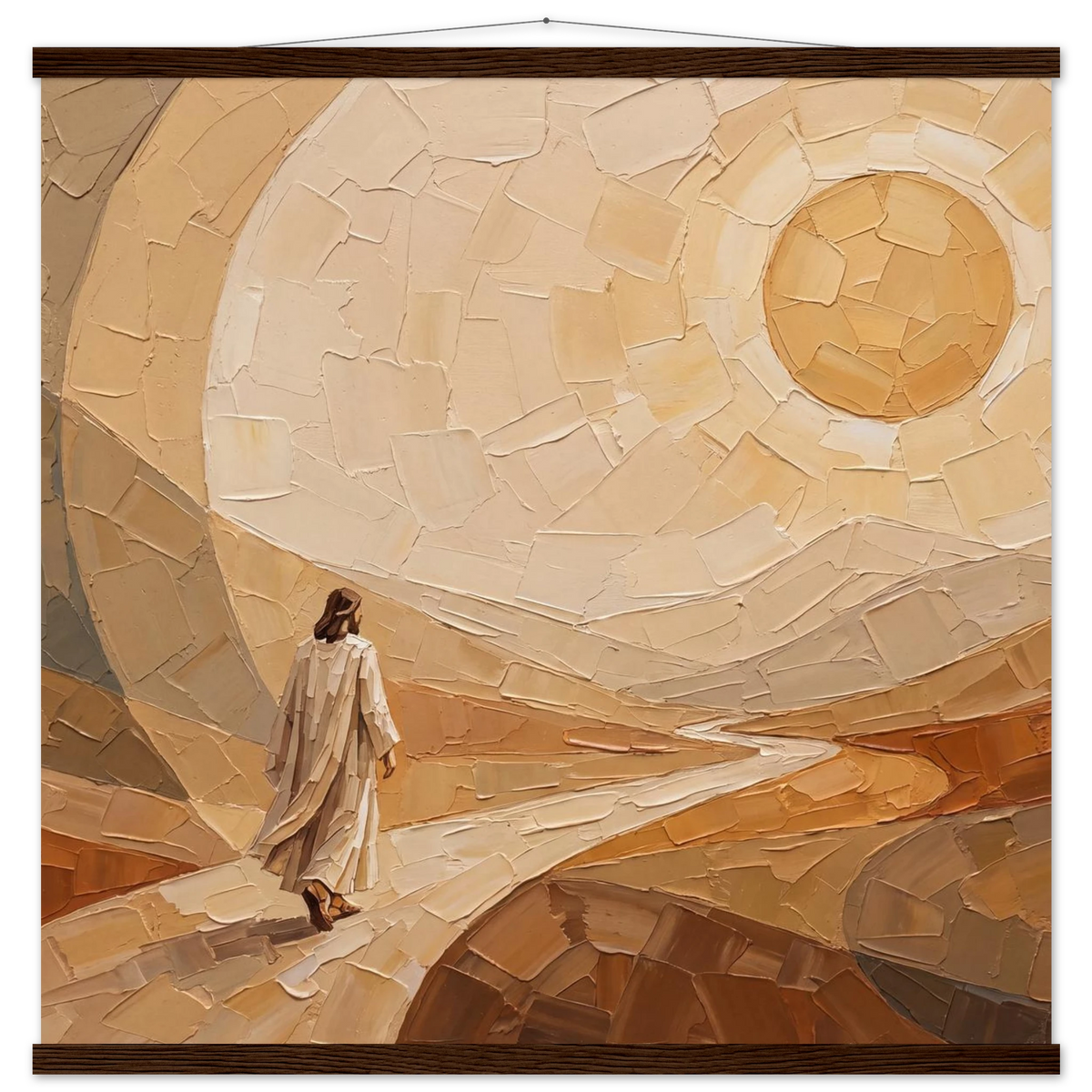 Lightfall: jesus, landscape and golden tones. Fine art poster with wooden hanger by The Light Stays.