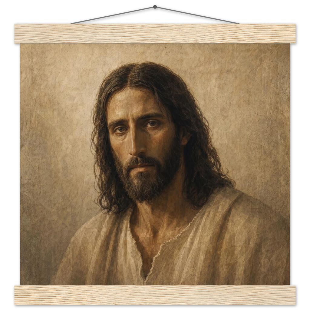 Pôster Kind Eyes com suporte de madeira, retrato sereno de Jesus em luz quente