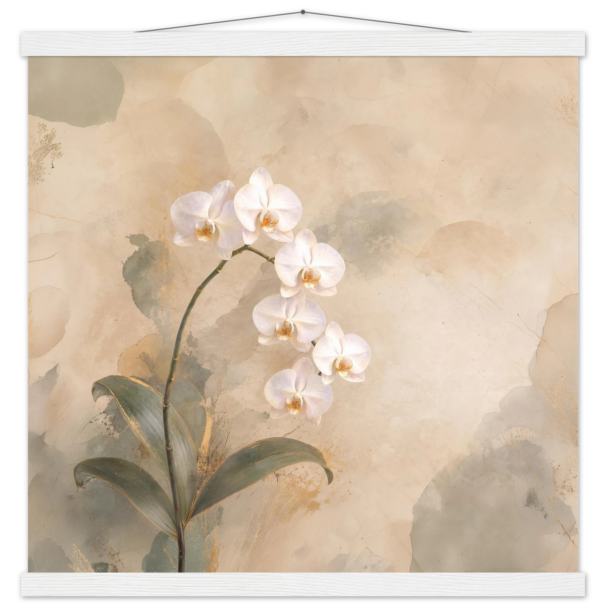 Orchid Luminance: botanical, pale gold and floral art. Fine art poster with wooden hanger by The Light Stays.