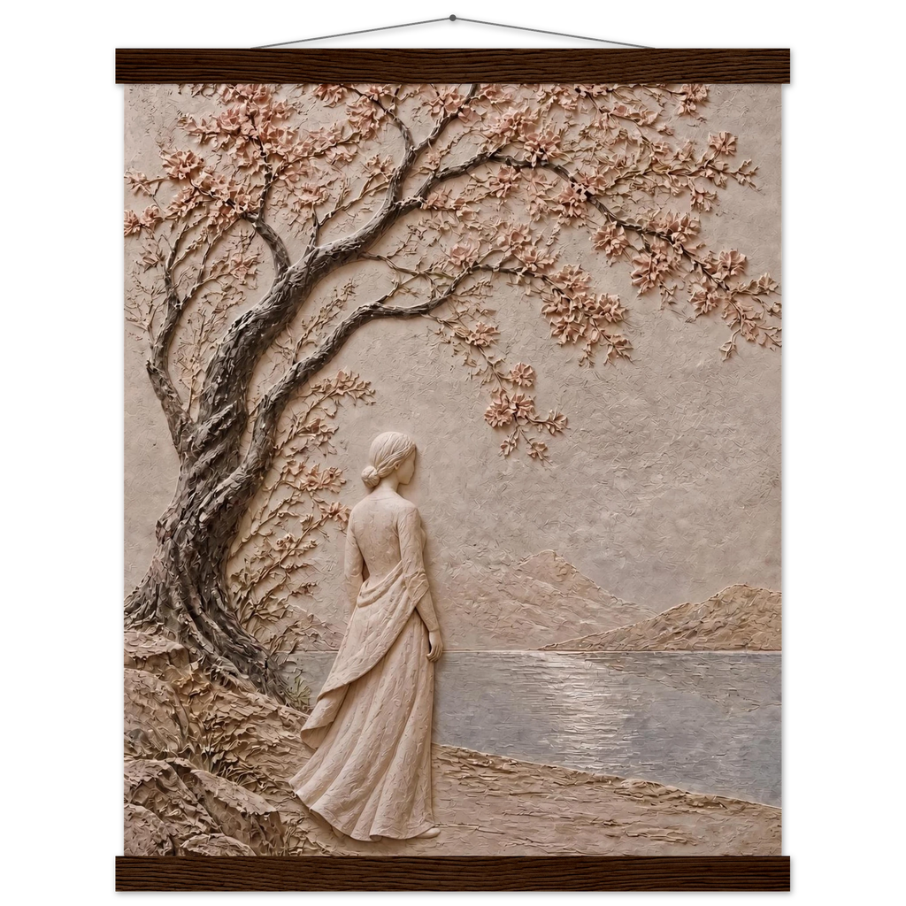 Spring Walk: impasto, lake and blossoming tree. Fine art poster by The Light Stays.