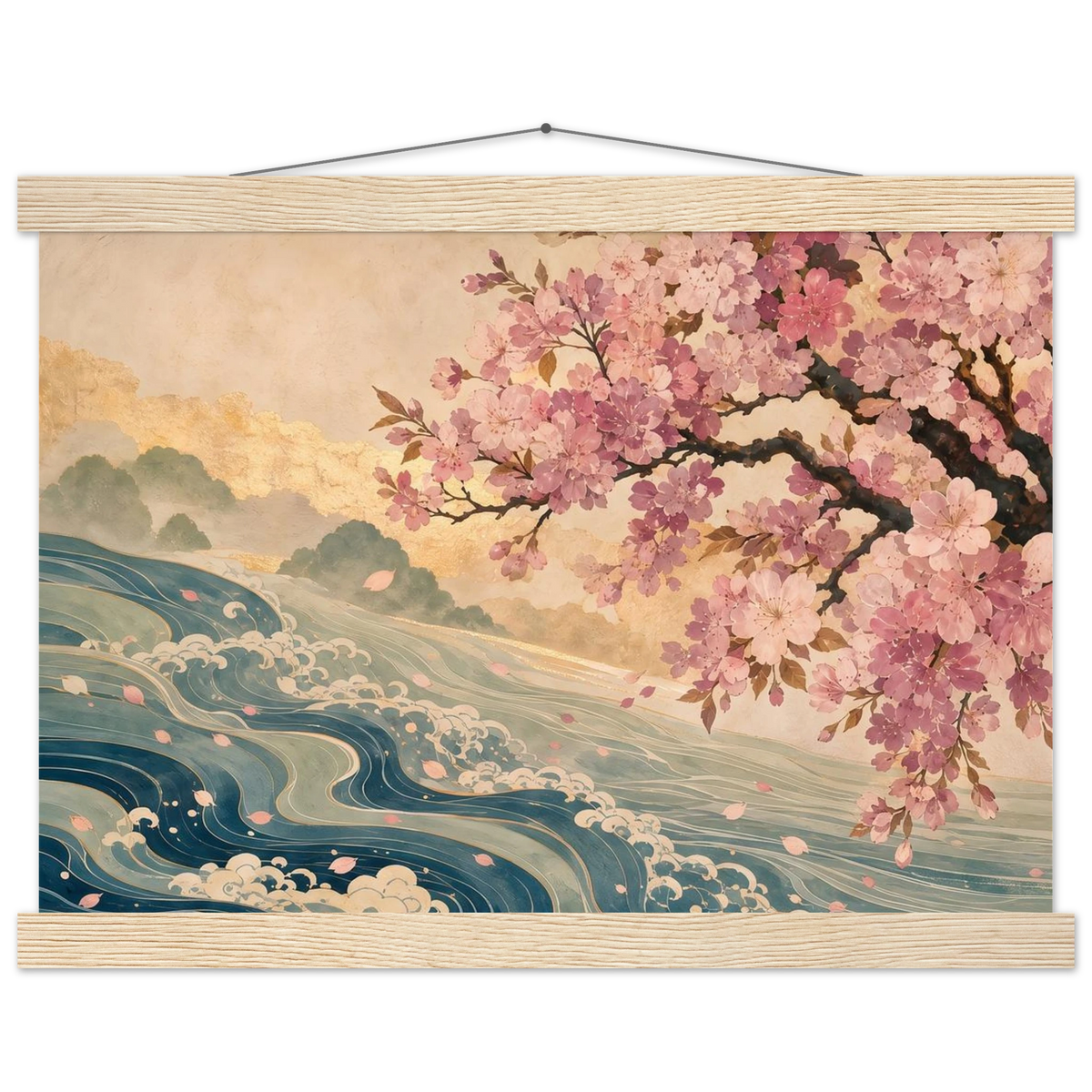 Blossom Tide: japanese art, cherry blossom and wave. Fine art poster with wooden hanger by The Light Stays.