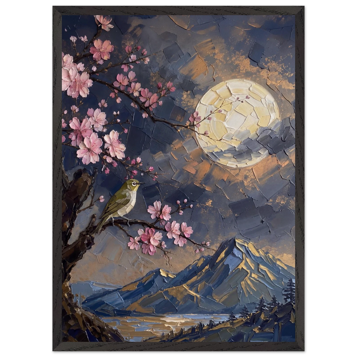 Blossom Moon: cherry blossom, japanese landscape and night. Framed fine art print by The Light Stays.