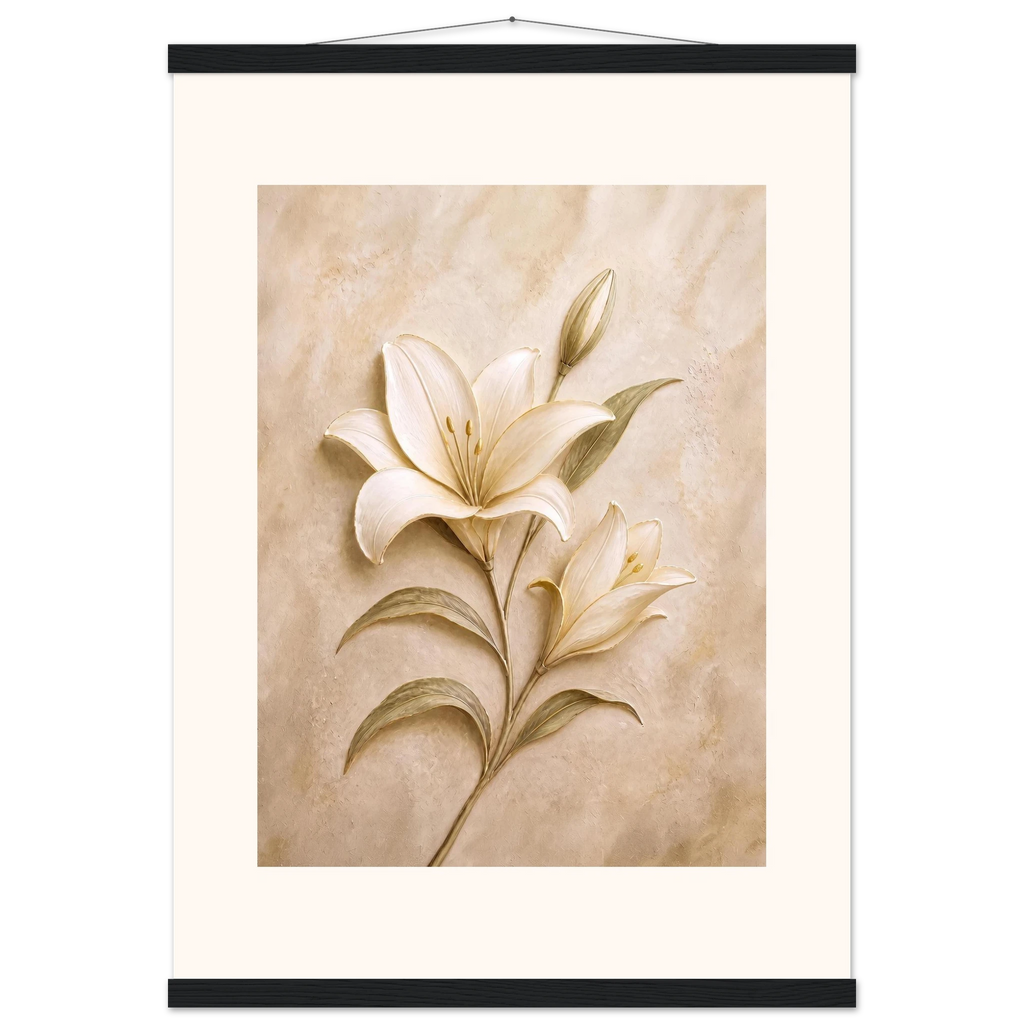 Alabaster Lily, flowers and botanical. Archival fine art poster shown framed.