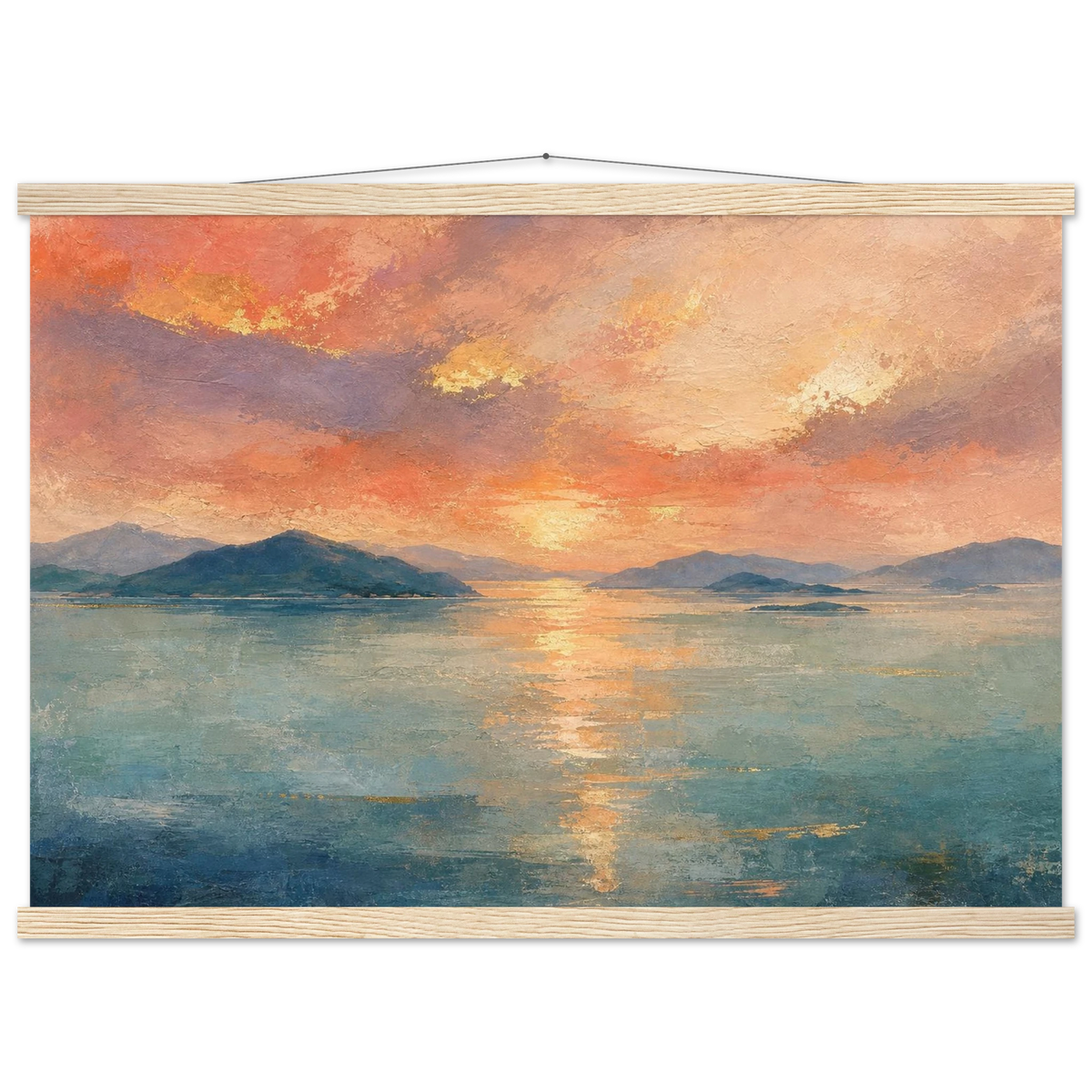 Setouchi Peach Dawn: inland sea, islands and golden reflection. Fine art poster with wooden hanger by The Light Stays.