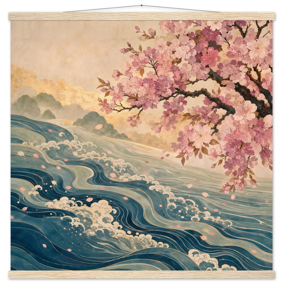 Blossom Tide: japanese art, cherry blossom and wave. Fine art poster with wooden hanger by The Light Stays.