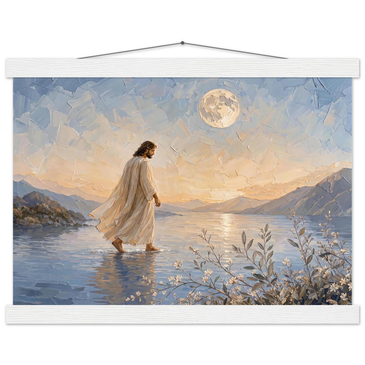 Upon the Waters: jesus, moon and night. Fine art poster with wooden hanger by The Light Stays.