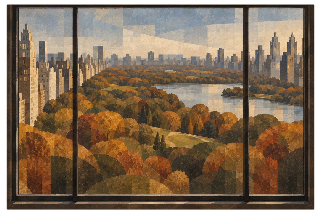 Window onto a city park in full autumn color, reservoir below, apartment towers on every side, shown as the object on gallery canvas, no frame