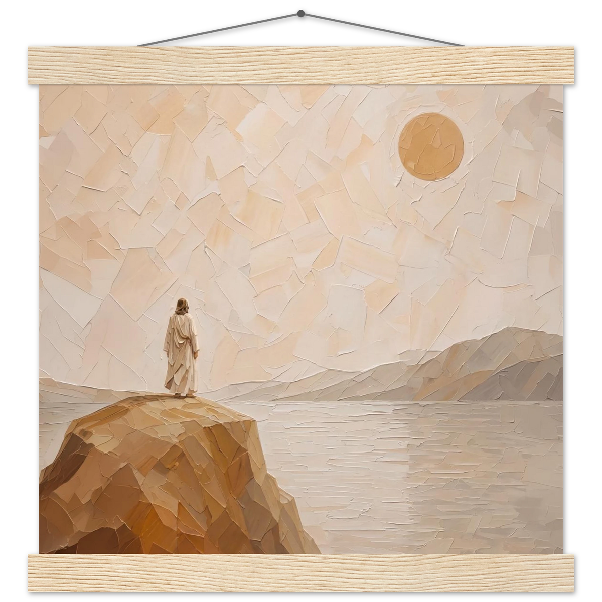 Salt Shore: jesus, cliff and sea. Fine art poster with wooden hanger by The Light Stays.