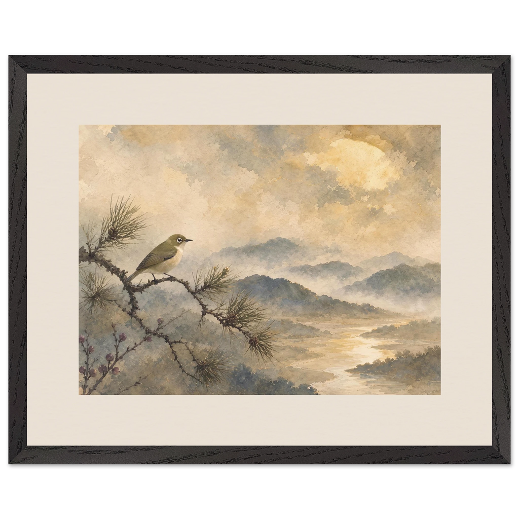 Golden Moon Bird, japanese art and japandi. Archival framed fine art print shown framed.