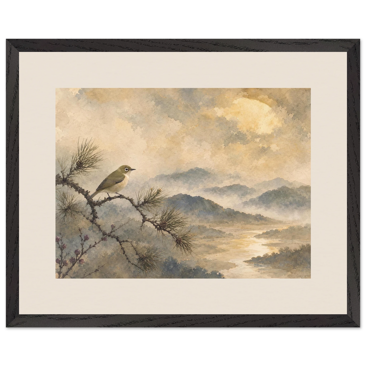 Golden Moon Bird, japanese art and japandi. Archival framed fine art print shown framed.