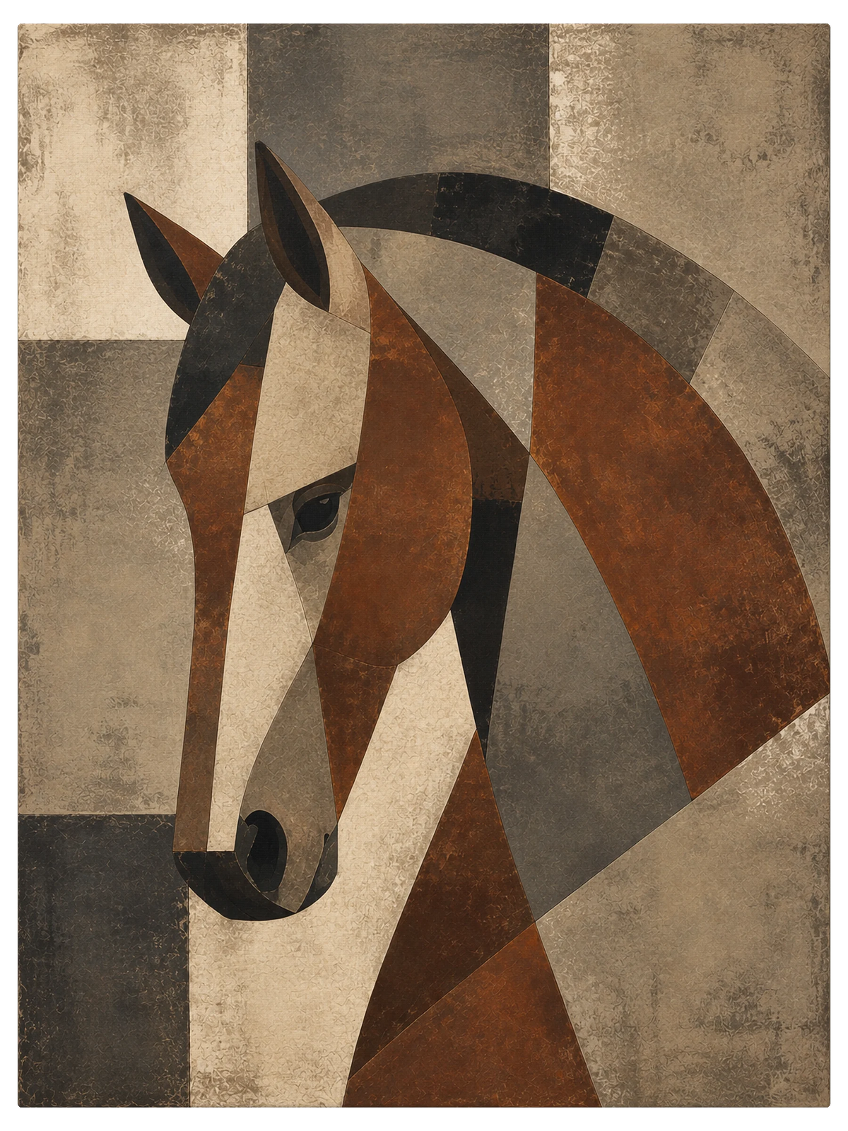 Chestnut horse turning its head back over a strongly arched neck, in copper, bone and warm gray facets, shown as the object on gallery canvas, no frame