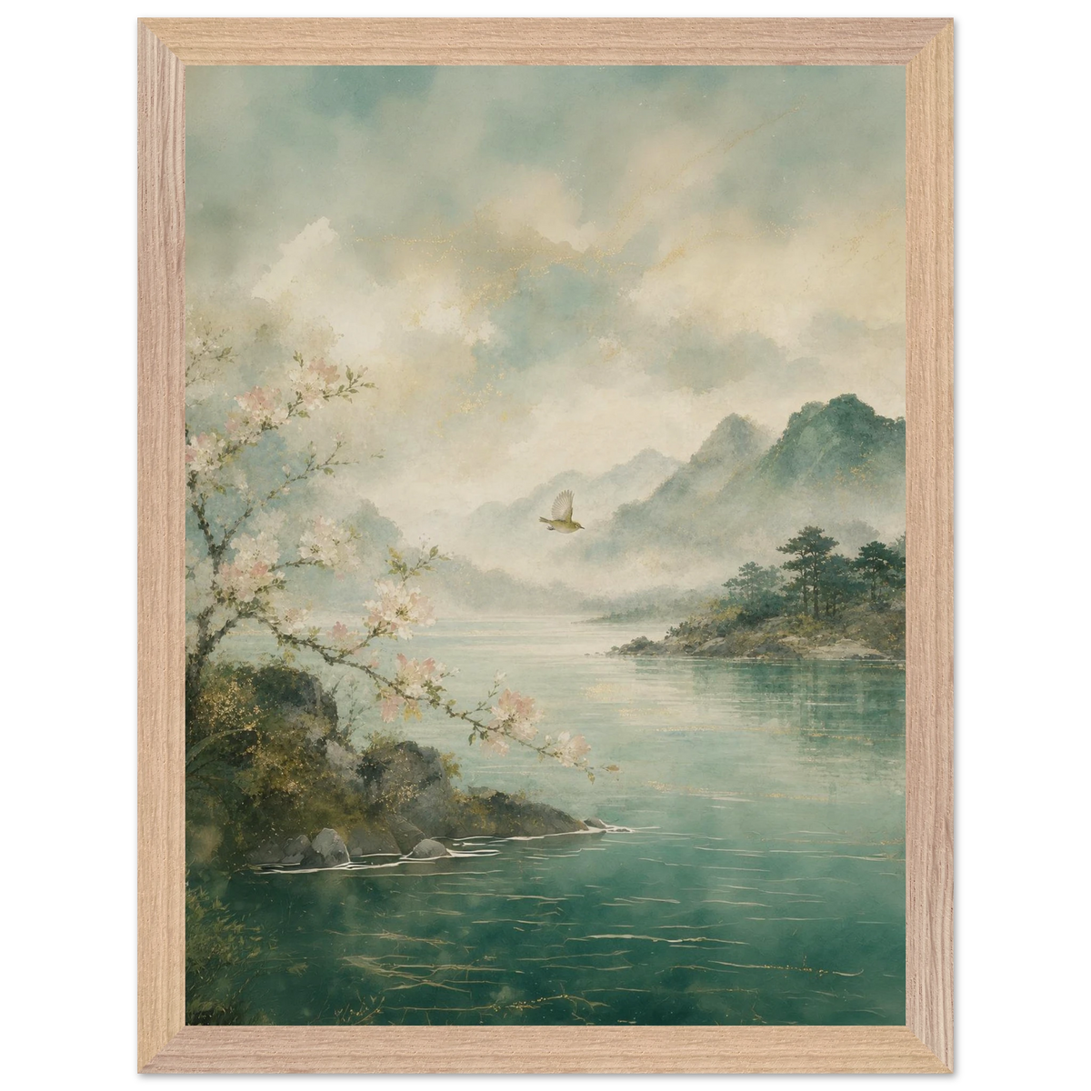Celadon Flight: birds, japanese landscape and japandi. Framed fine art print by The Light Stays.