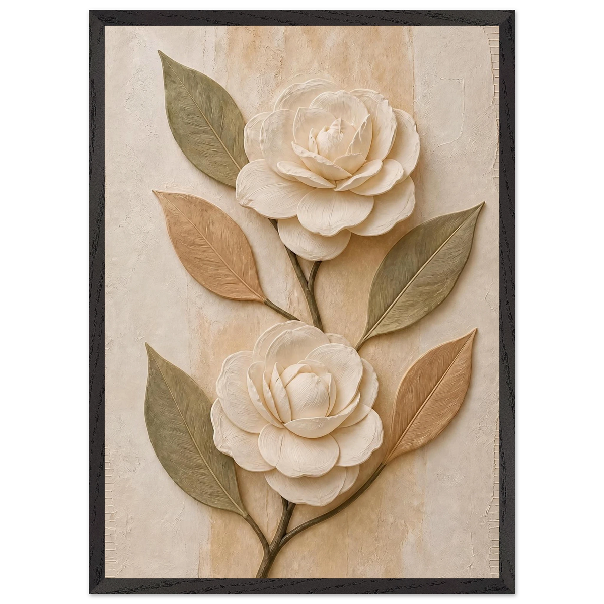 Carved Camellia, flowers and botanical. Archival framed fine art print shown framed.