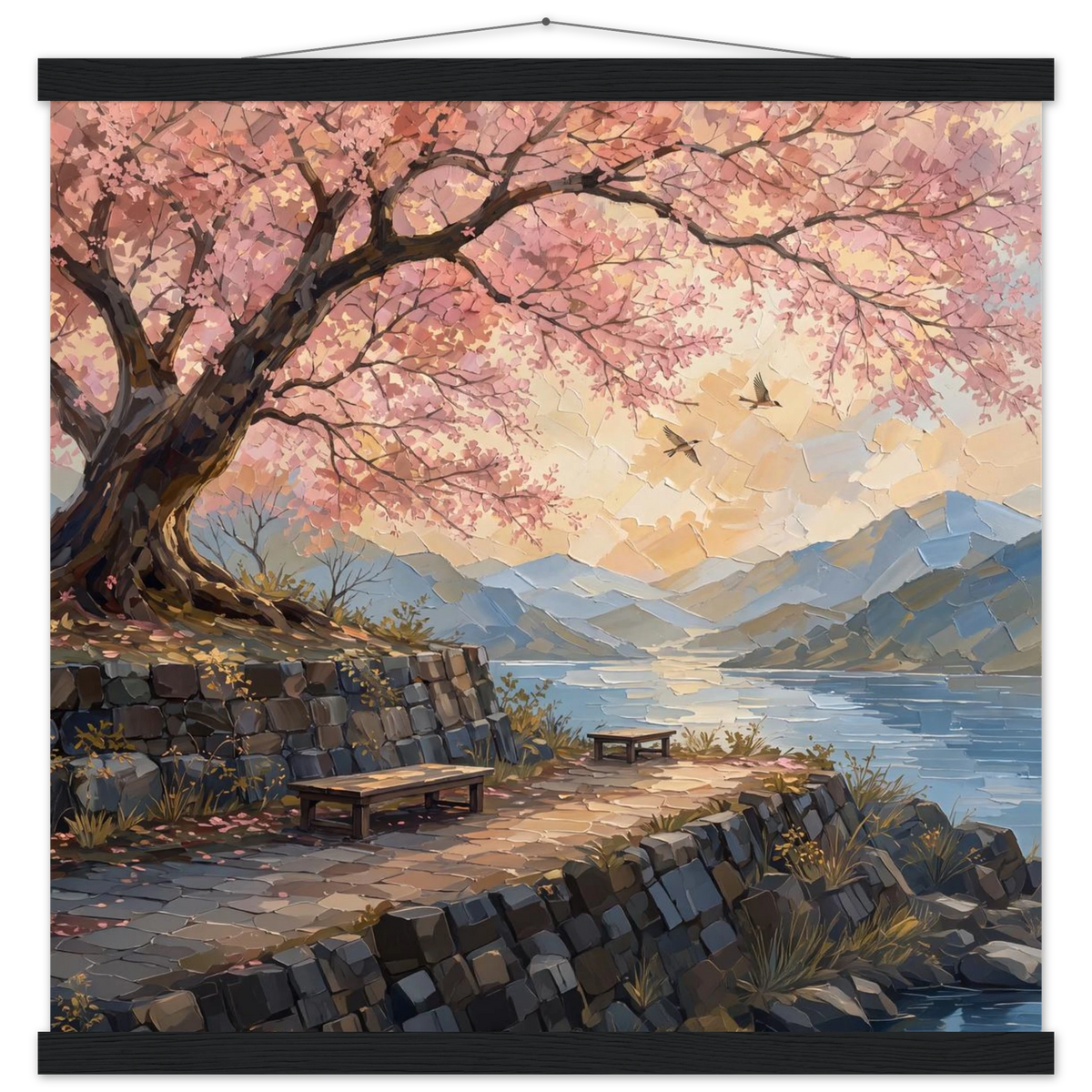 Cherry Blossom Lake: japanese art, sunset and japandi. Fine art poster with wooden hanger by The Light Stays.