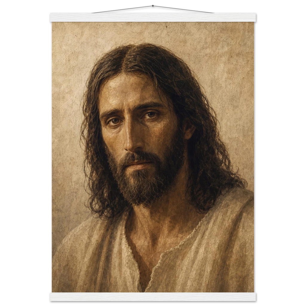Pôster Kind Eyes com suporte de madeira, retrato sereno de Jesus em luz quente