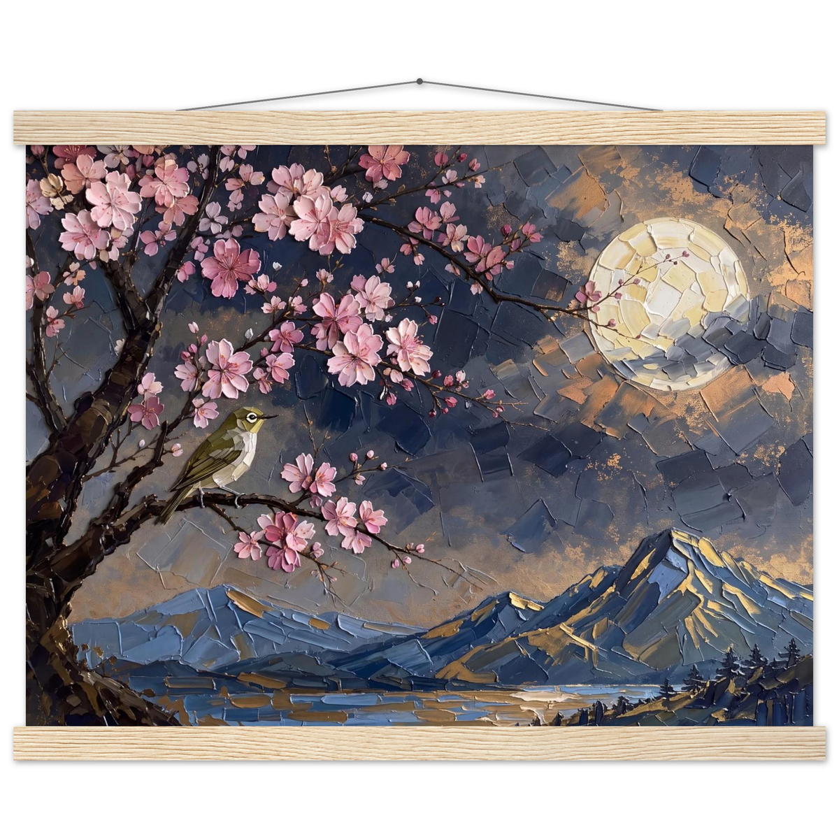 Blossom Moon: cherry blossom, japanese landscape and night. Fine art poster with wooden hanger by The Light Stays.