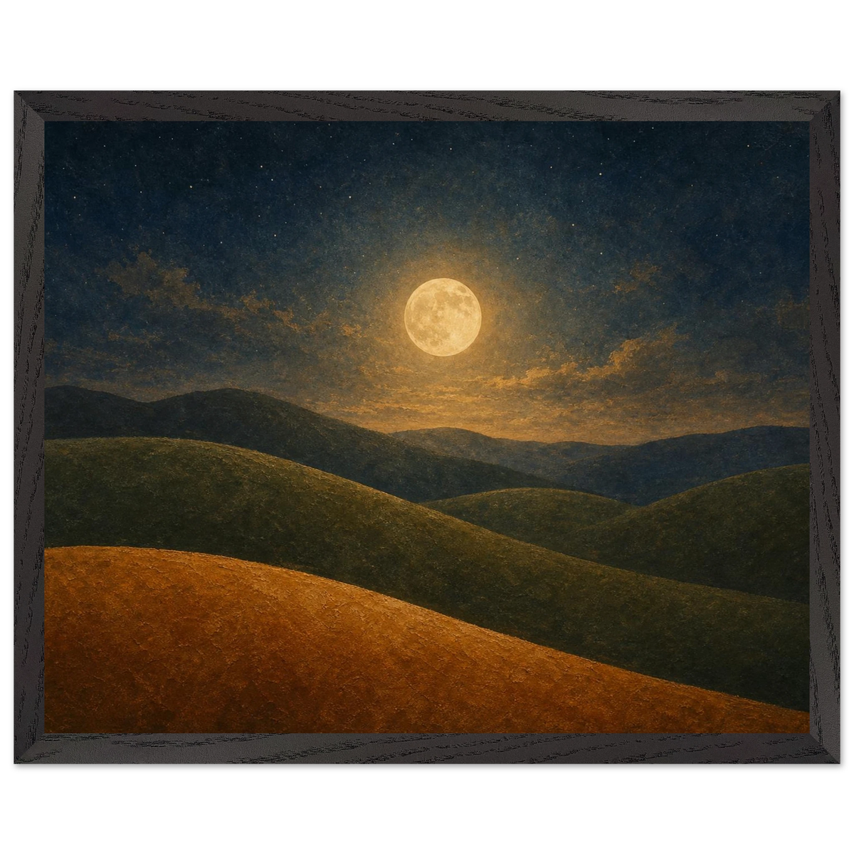 Moon Hills: night, minimalist landscape and charcoal. Framed fine art print by The Light Stays.