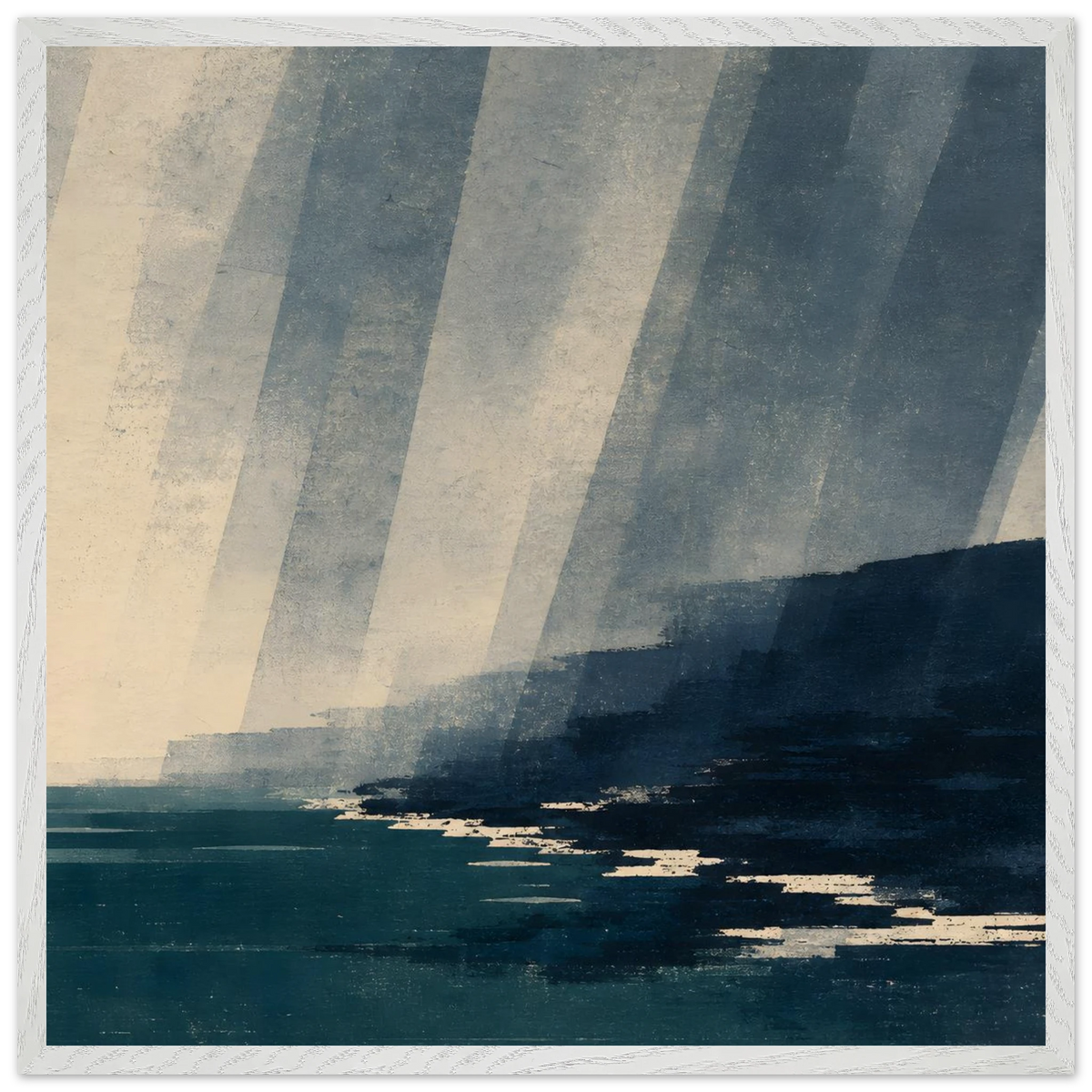 Rain Coast: japandi, teal blue and atmosphere. Framed fine art print by The Light Stays.