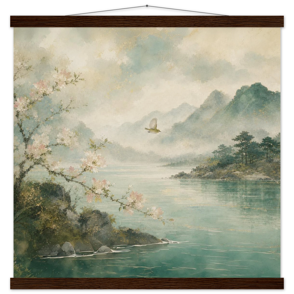 Celadon Flight: birds, japanese landscape and japandi. Fine art poster with wooden hanger by The Light Stays.