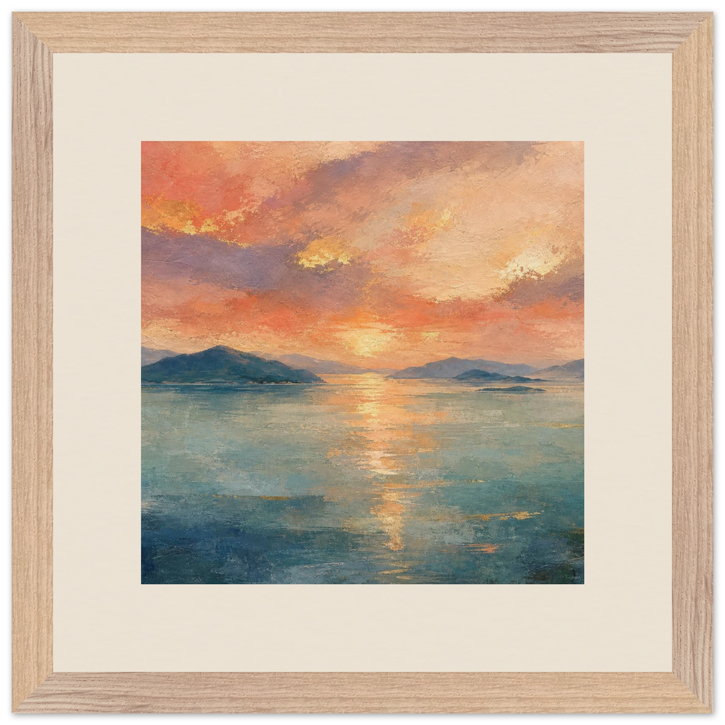 Setouchi Peach Dawn, riviera and japandi. Archival framed fine art print shown framed.
