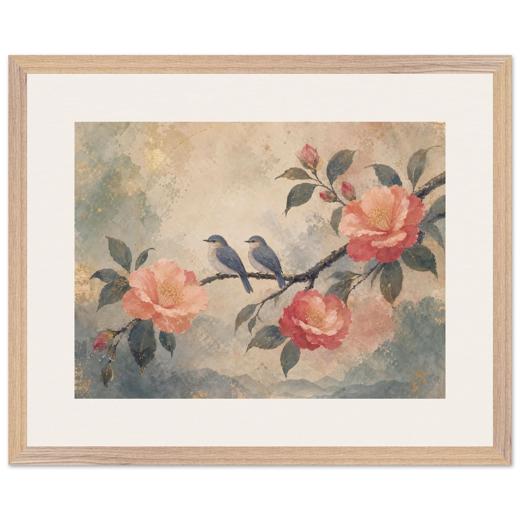 Camellia Birds, flowers and botanical. Archival framed fine art print shown framed.