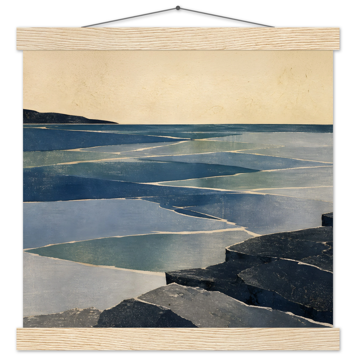 Indigo Tide: coastal landscape, jade water and japandi. Fine art poster with wooden hanger by The Light Stays.