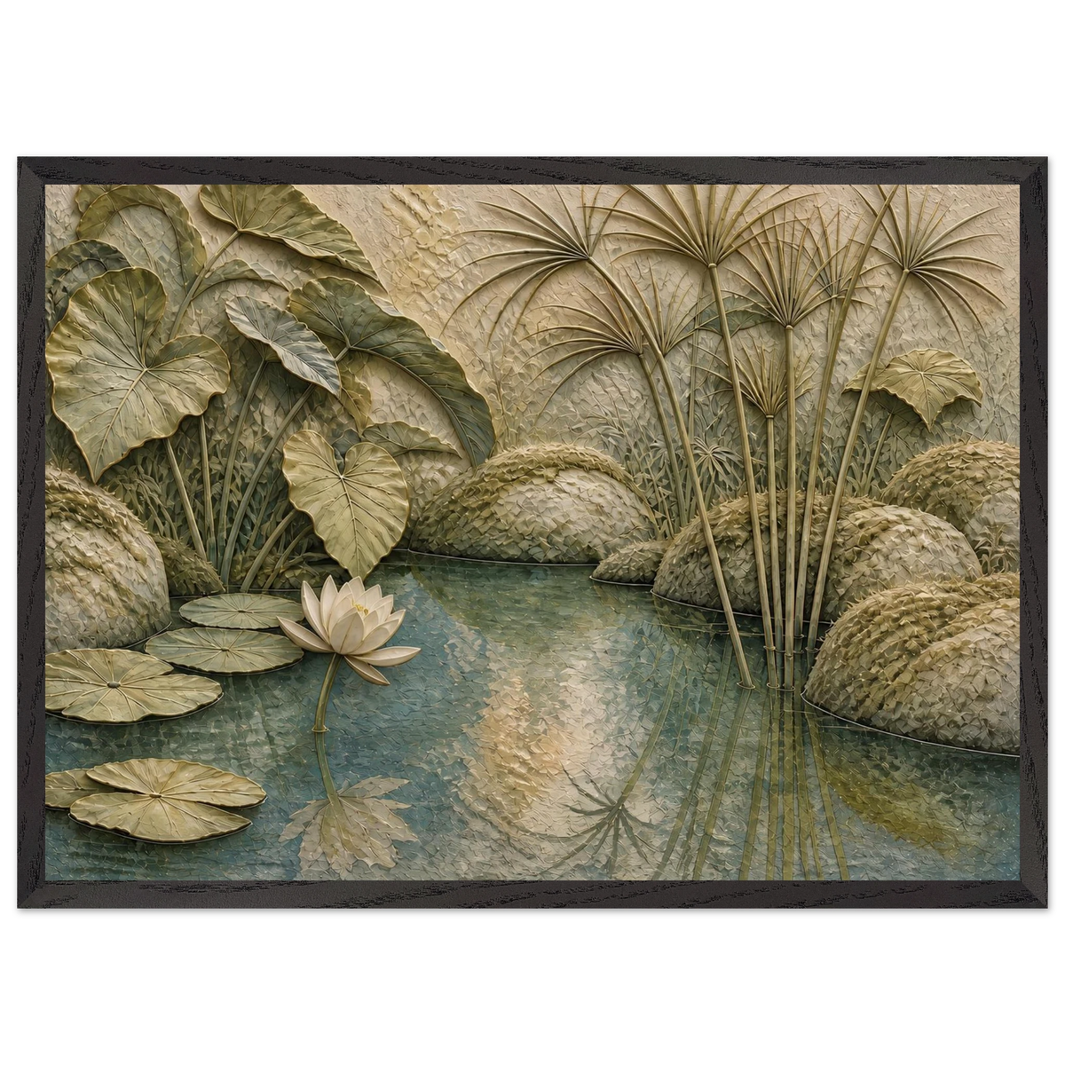 Papyrus Pond: lake, papyrus and serene greens. Museum-quality framed fine art print.