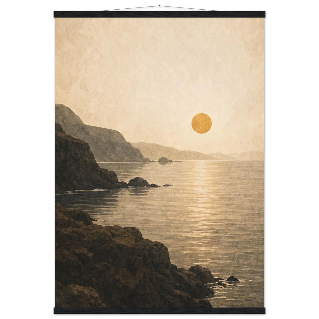 Pôster Amber Coast com suporte de madeira, pôr do sol em tons quentes sobre a costa