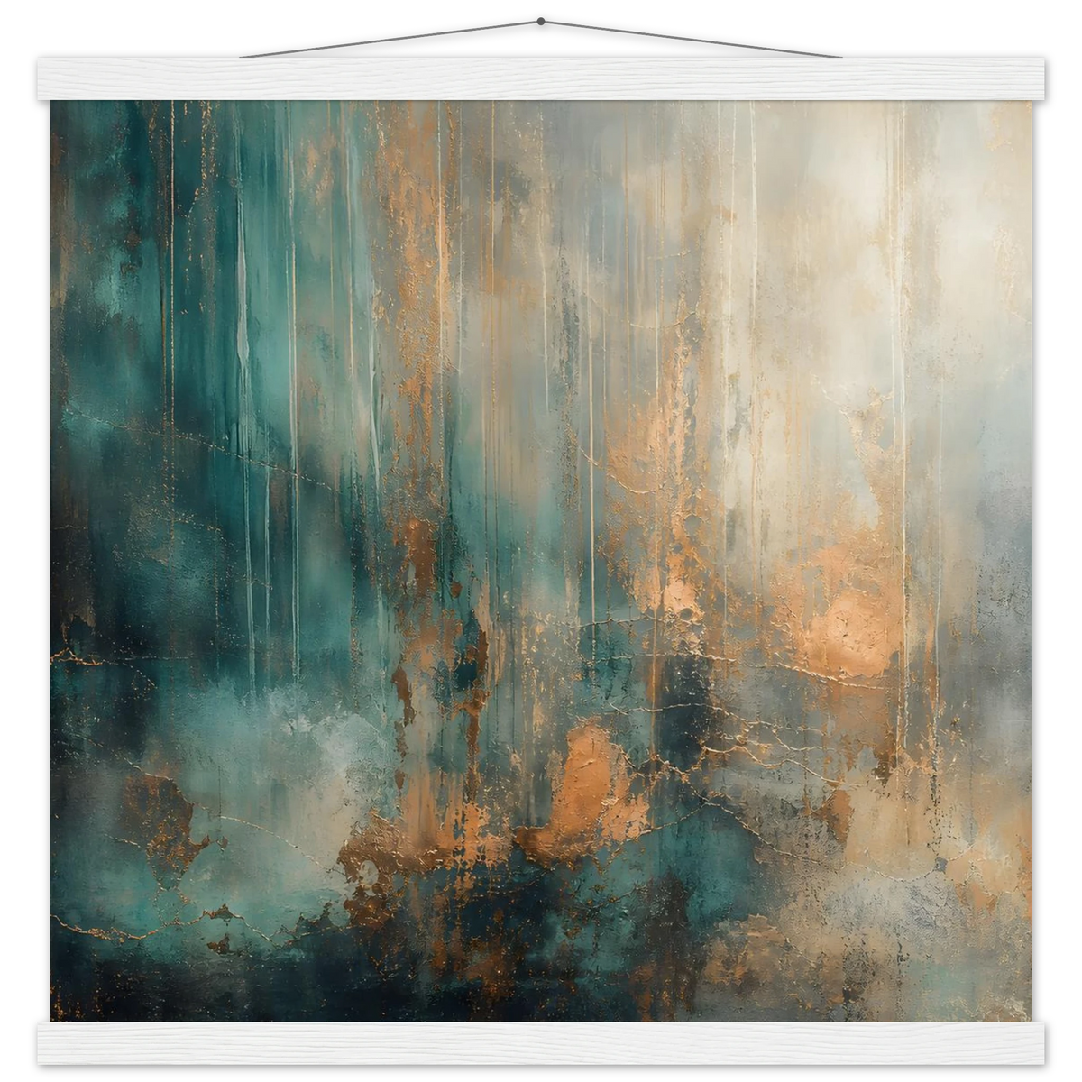 Copper Rain: abstract, texture and metallic tones. Fine art poster with wooden hanger by The Light Stays.