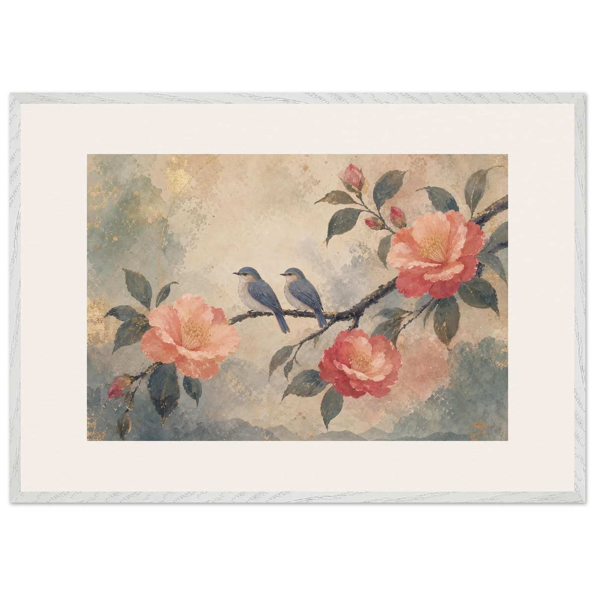 Camellia Birds: flowers and botanical. Framed fine art print, alternate frame and size.
