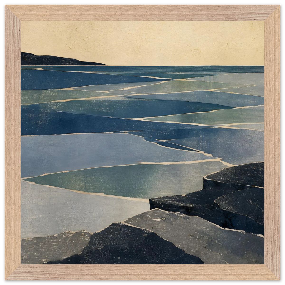 Indigo Tide: coastal landscape, jade water and japandi. Framed fine art print by The Light Stays.