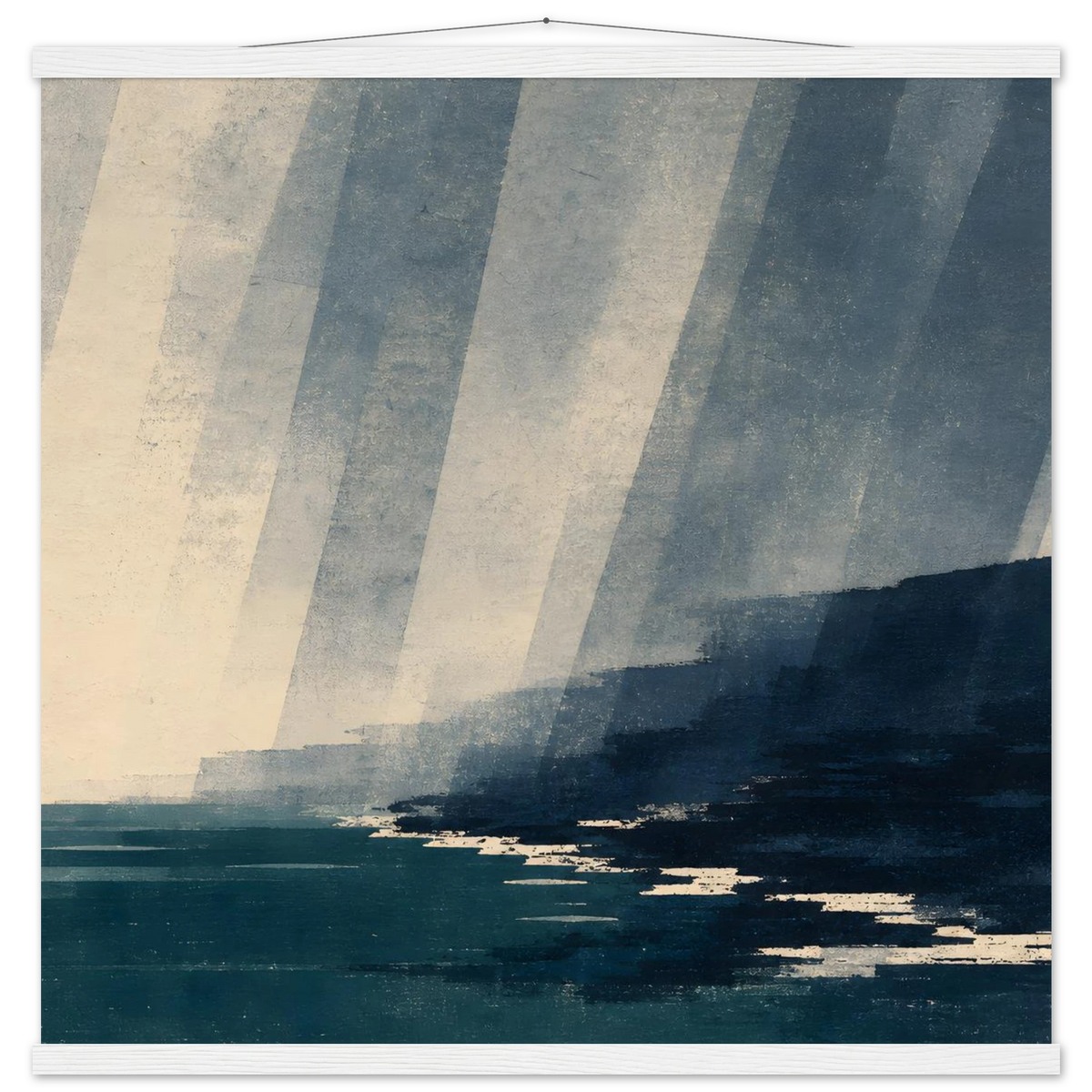Rain Coast: japandi, teal blue and atmosphere. Fine art poster with wooden hanger by The Light Stays.