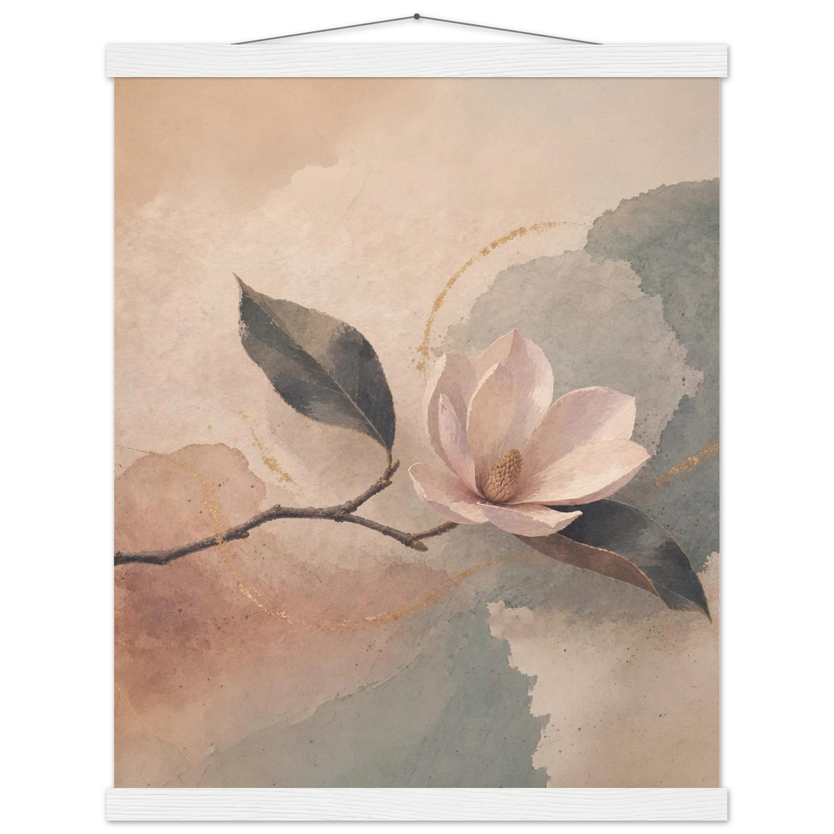 Magnolia Reverie: botanical, sage and japandi. Fine art poster with wooden hanger by The Light Stays.