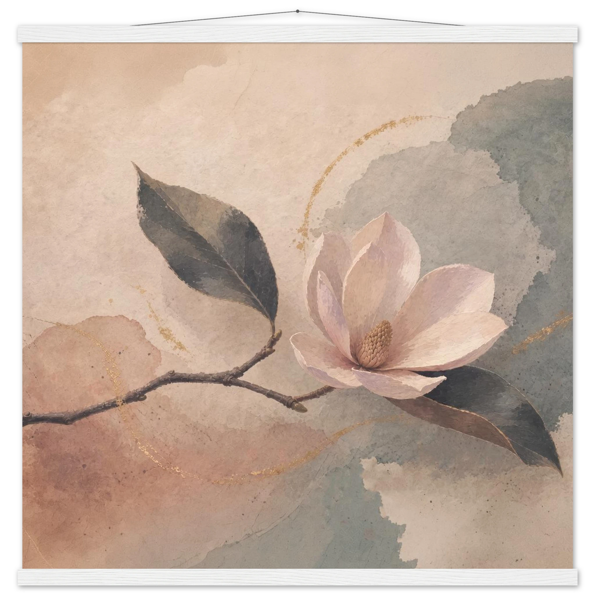 Magnolia Reverie: botanical, sage and japandi. Fine art poster with wooden hanger by The Light Stays.
