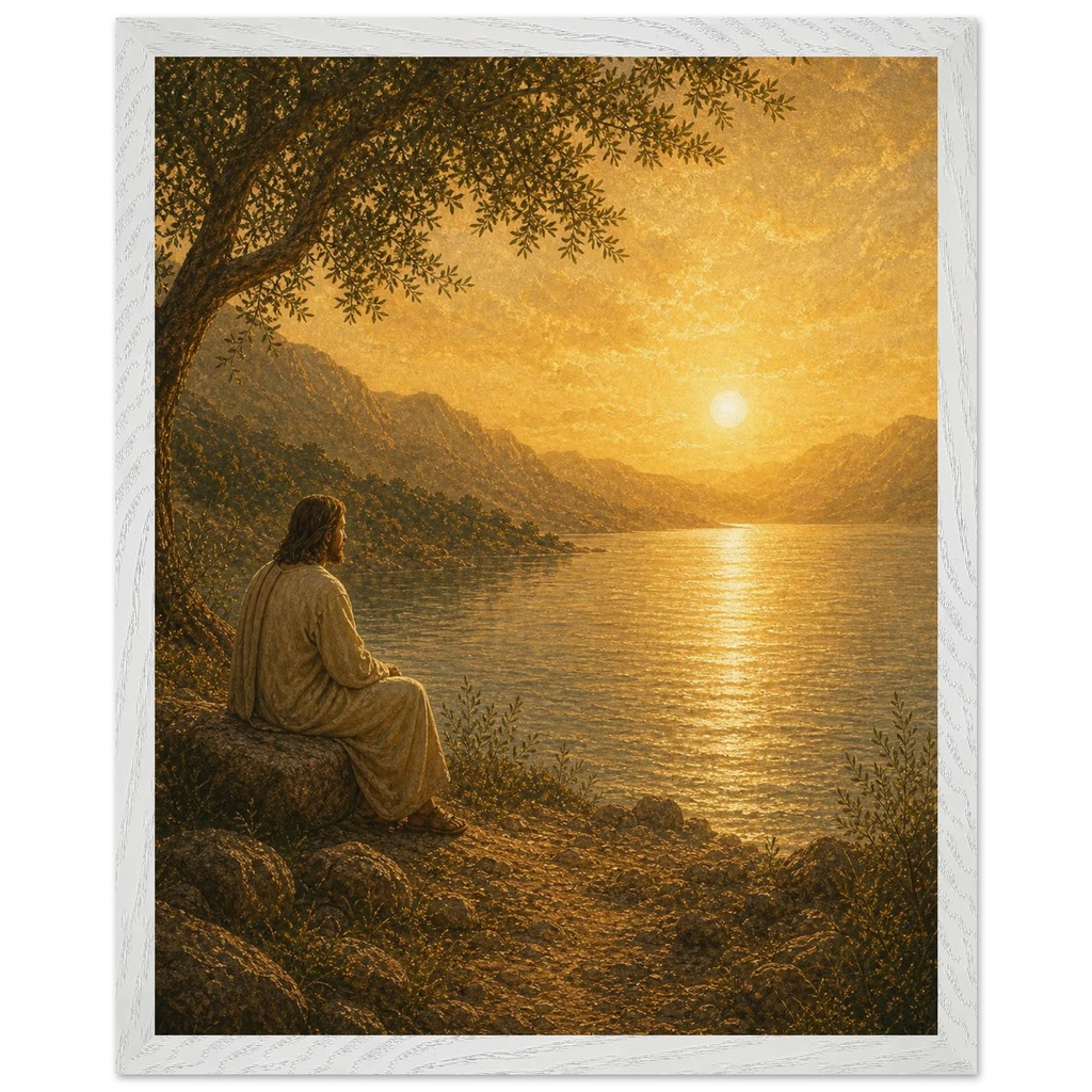 Quadro cristão Bênção do Lago, Jesus sob uma oliveira diante de um lago dourado