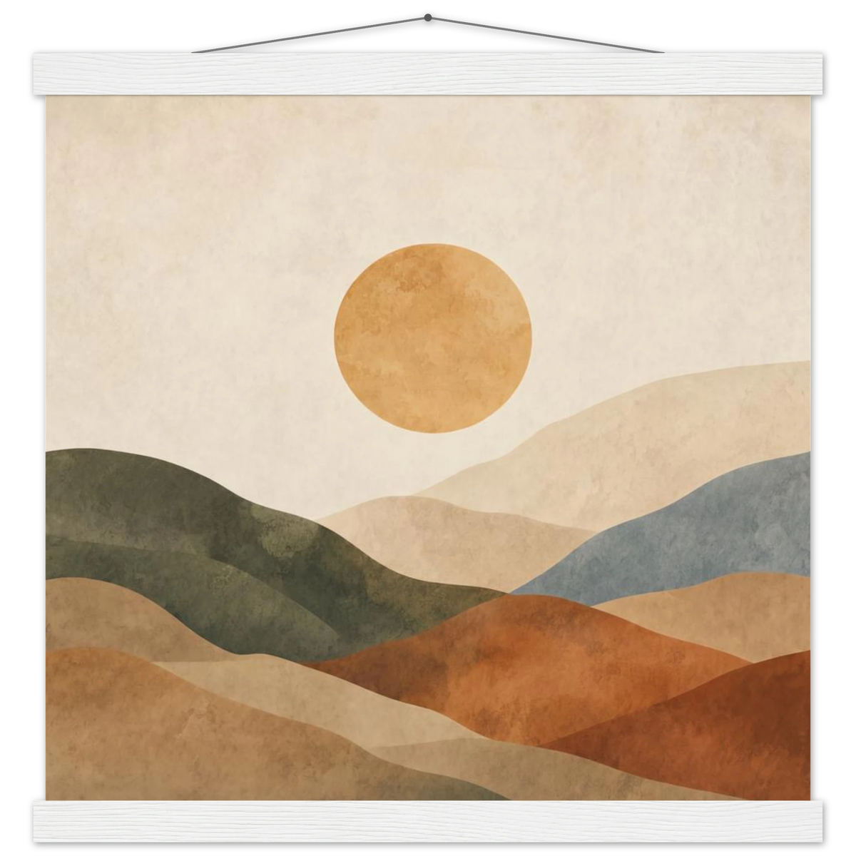 Kindled Earth: sun, hills and ochre palette. Fine art poster with wooden hanger by The Light Stays.